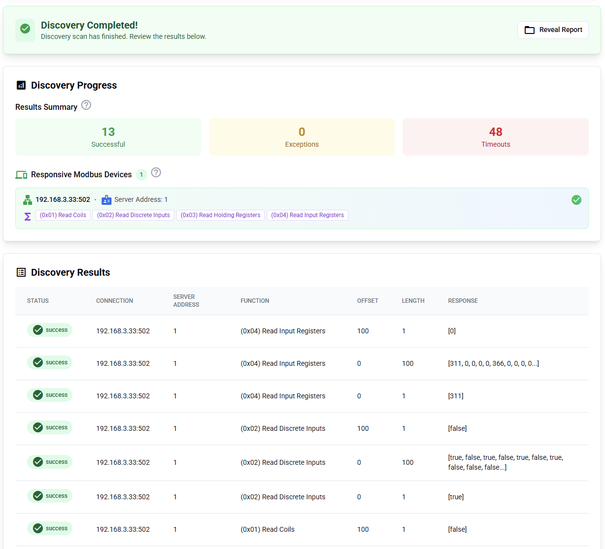 Chipkin Modbus Explorer - Discovery results table