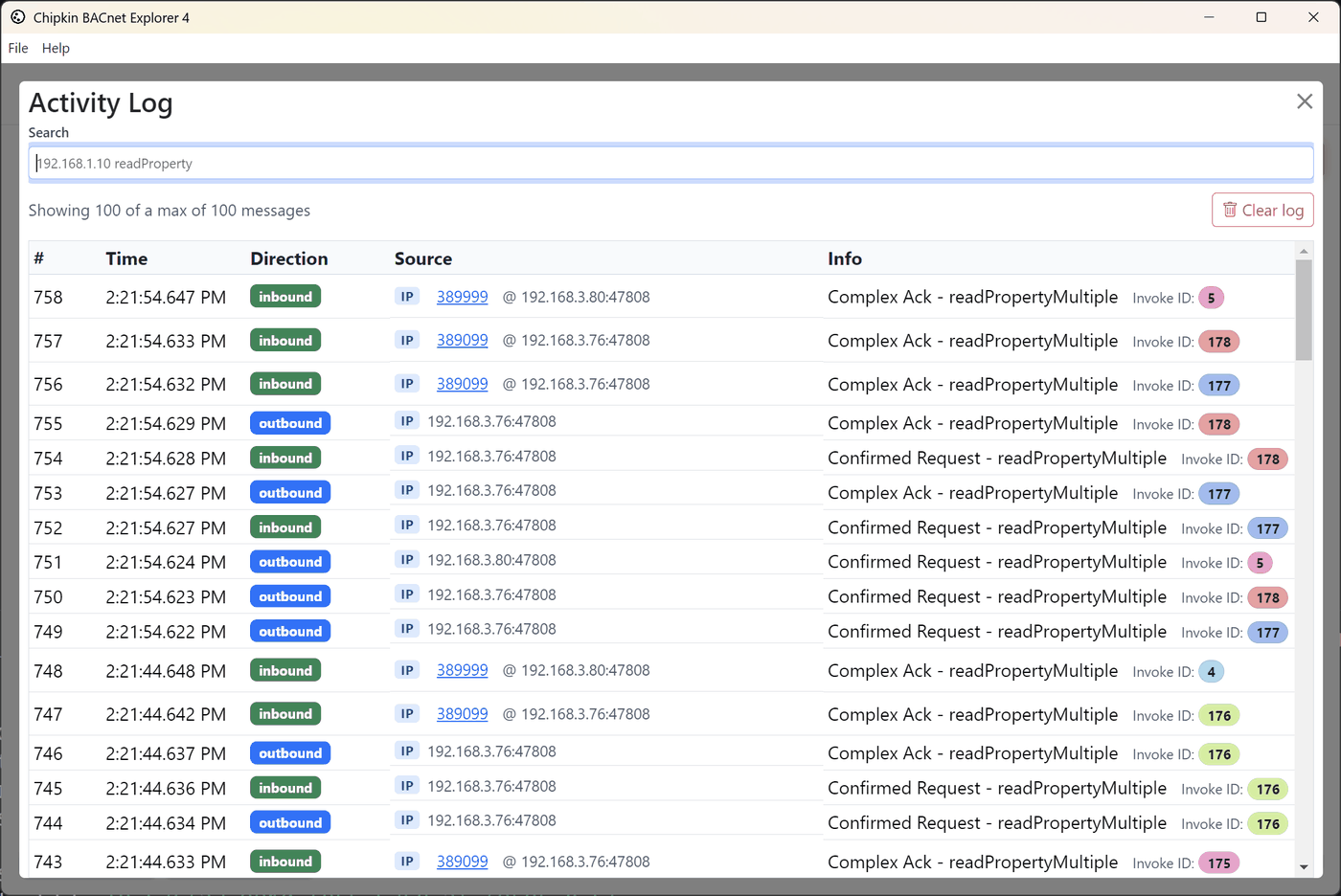 BACnet Explorer activity log