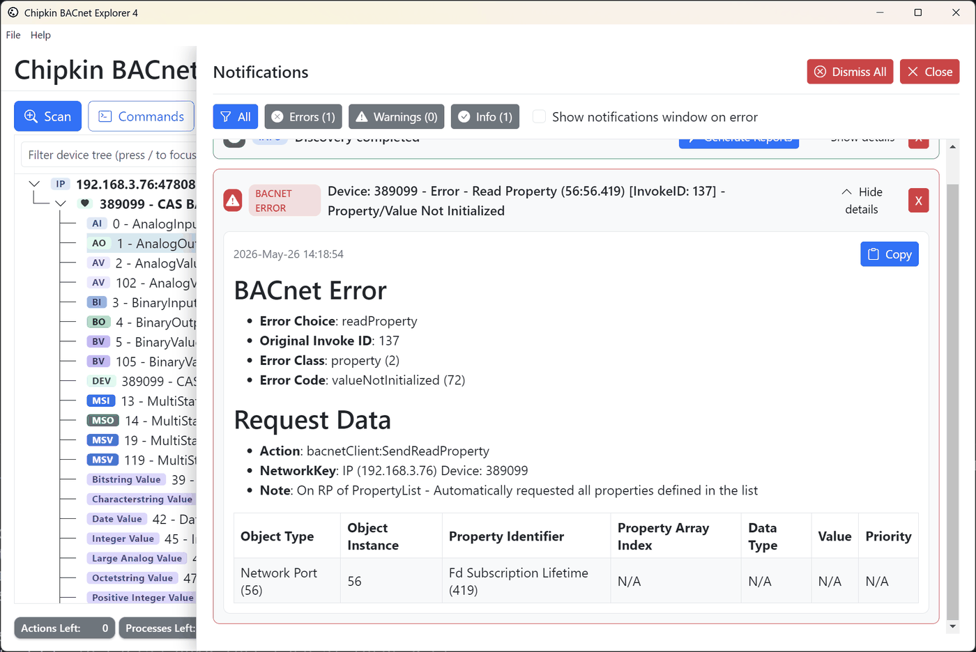 BACnet Explorer decoded BACnet error
