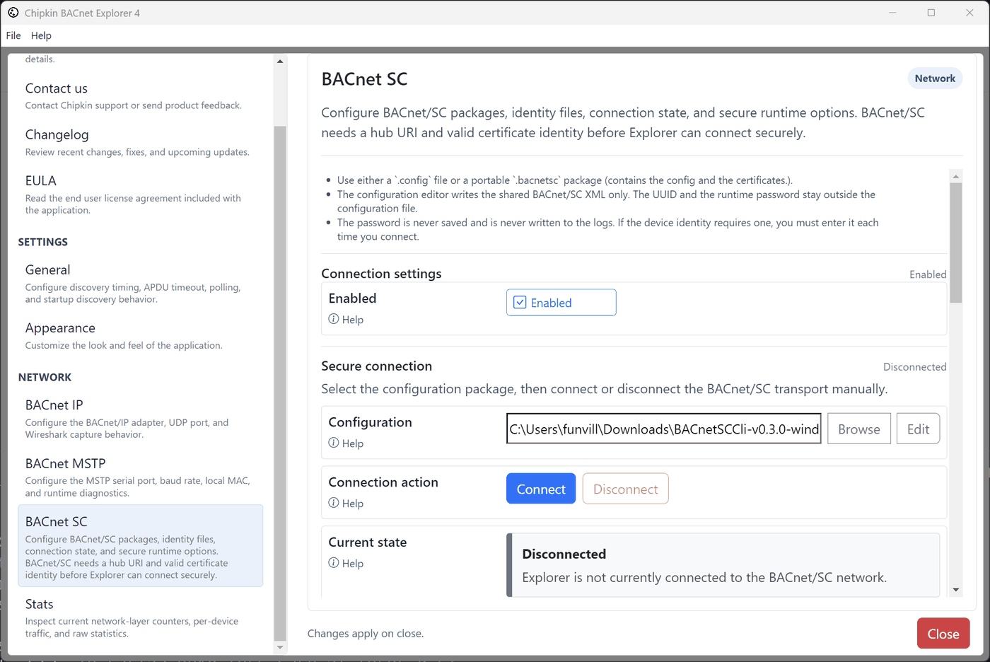 BACnet Explorer BACnet/SC settings
