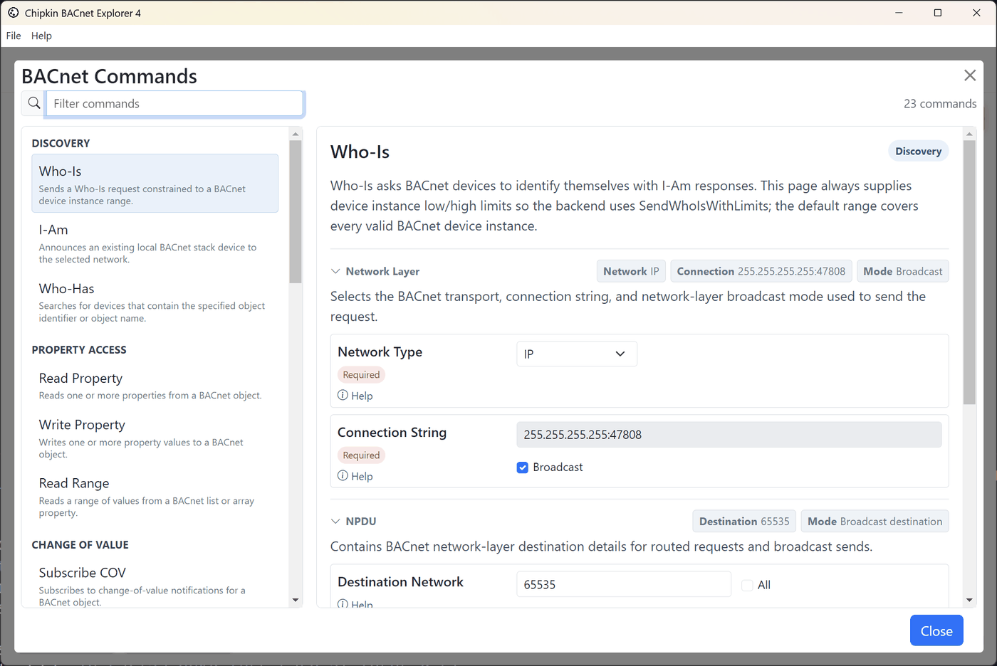 BACnet Explorer commands catalog