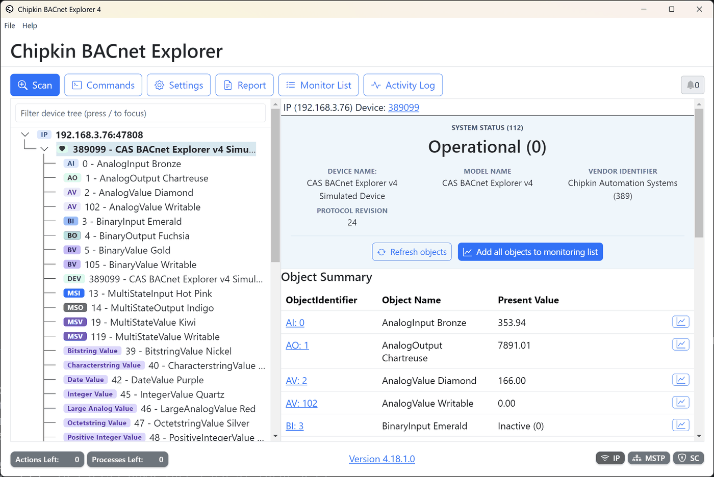 BACnet Explorer built-in simulator