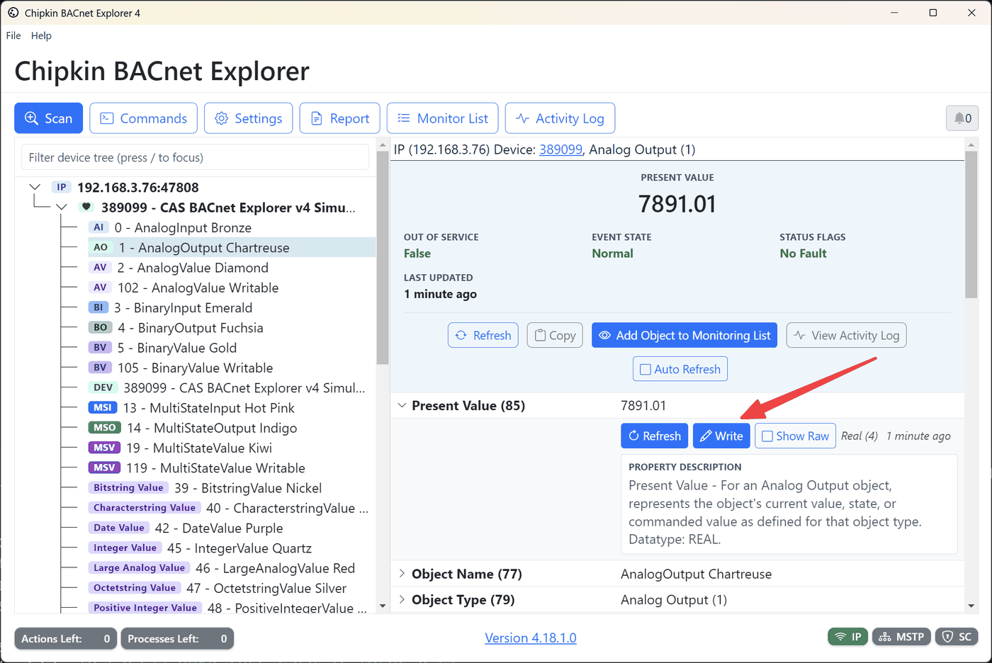 BACnet Explorer write property dialog