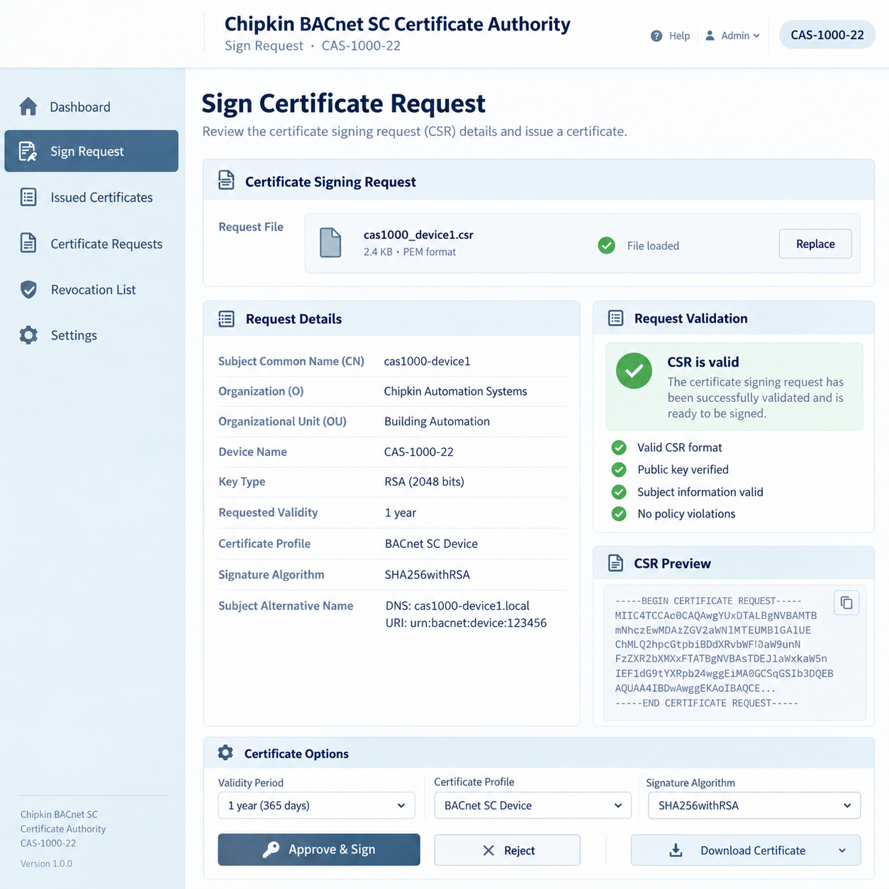 Chipkin BACnet SC Certificate Authority certificate signing dashboard