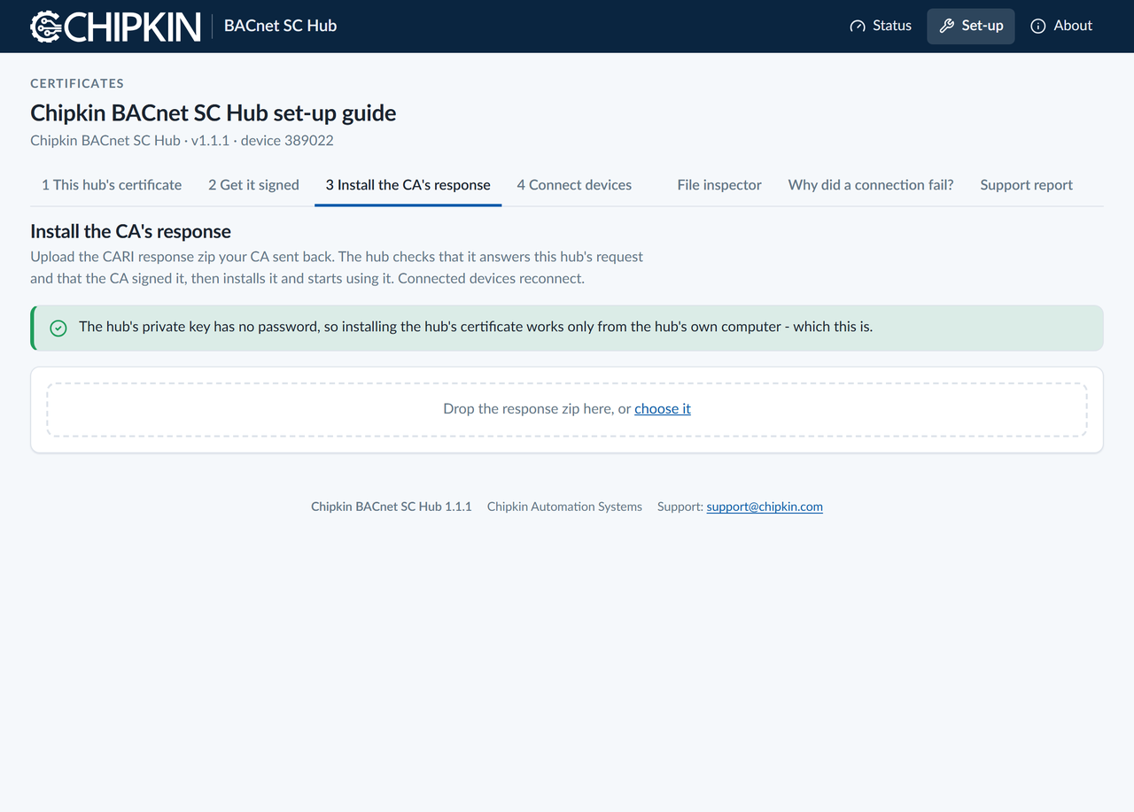 Step 3 of the Chipkin BACnet SC Hub setup guide showing installation of the Certificate Authority response